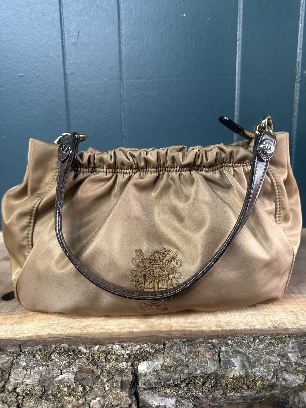 DAKS London Ruched Nylon Shoulder Bag Tan Brown Mini Purse Japan Y2K Vintage